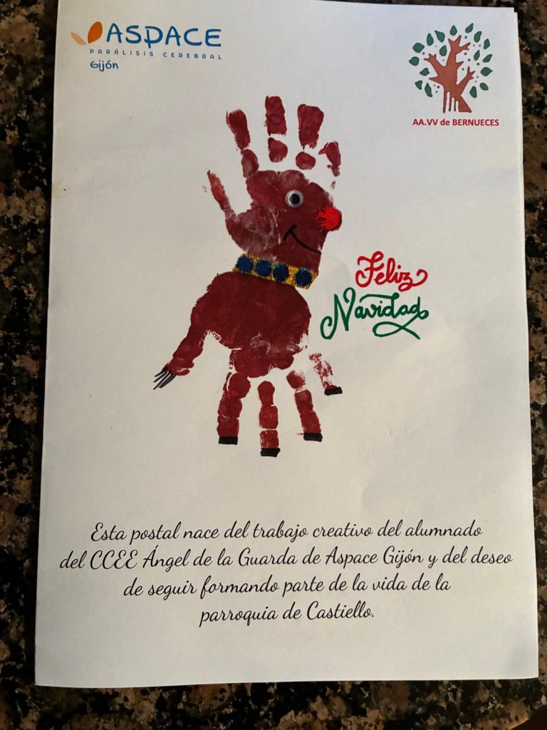 La AAVV de Castiello de Bernueces comparte una postal navideña creada por el alumnado del CCEE Ángel de la Guarda de Aspace Gijón, símbolo de creatividad, inclusión y comunidad.